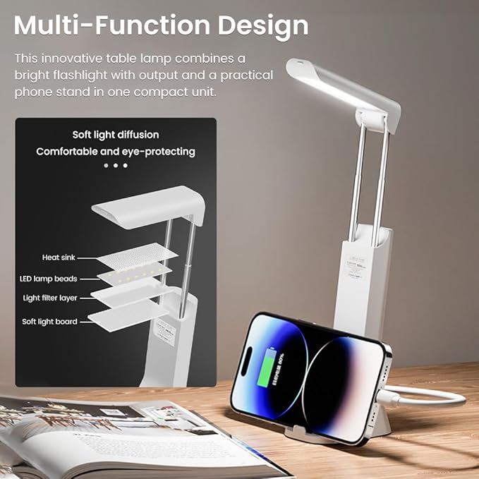 Cordless Desk Lamp, Rechargeable Portable Light with 3 Modes and Hidden Stretchable Design, Multi-Function Lamp for Reading, Emergency and Phone Stand Use