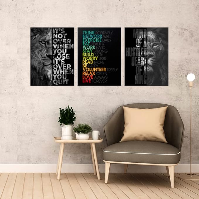 Lion Wall Art - Motivational Wall Art Decor, 3 Panel Canvas Prints for Office Decor, Inspirational Quotes Posters for Men, Leadership & Strength Pictures for Office Bedroom Living Room, 20x28inch