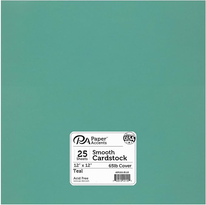 PA Paper Accents Smooth Cardstock 12" x 12" Teal, 65lb colored cardstock paper for card making, scrapbooking, printing, quilling and crafts, 25 piece pack