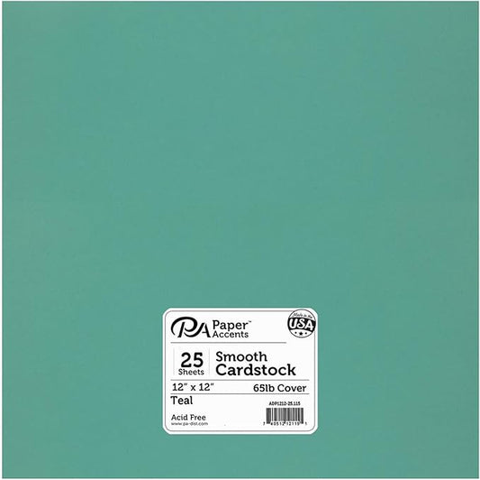 PA Paper Accents Smooth Cardstock 12" x 12" Teal, 65lb colored cardstock paper for card making, scrapbooking, printing, quilling and crafts, 25 piece pack