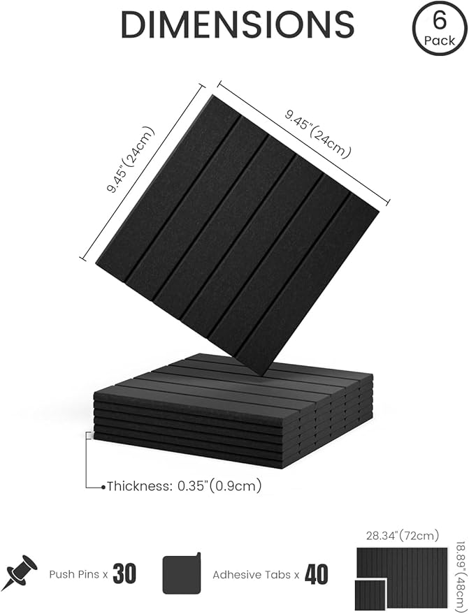 Fluxynara Felt Bulletin Board Tiles -28"x18" with 40 Adhesive Tabs, Cork Board Alternative for Office Decor, Push Pin Board Wall Organizer 6-Pack (Black)