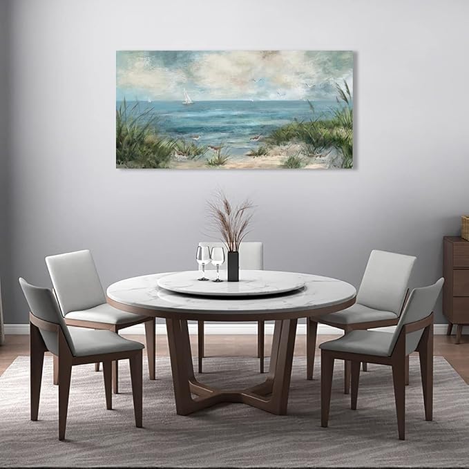 arteWOODS Vintage Seascape Canvas Prints Wall Decor Ocean Sailboat Canvas Pictures Seagull Bird Reed Canvas Painting Artwork for Living Room Bedroom Office Decoration 20" X 40"