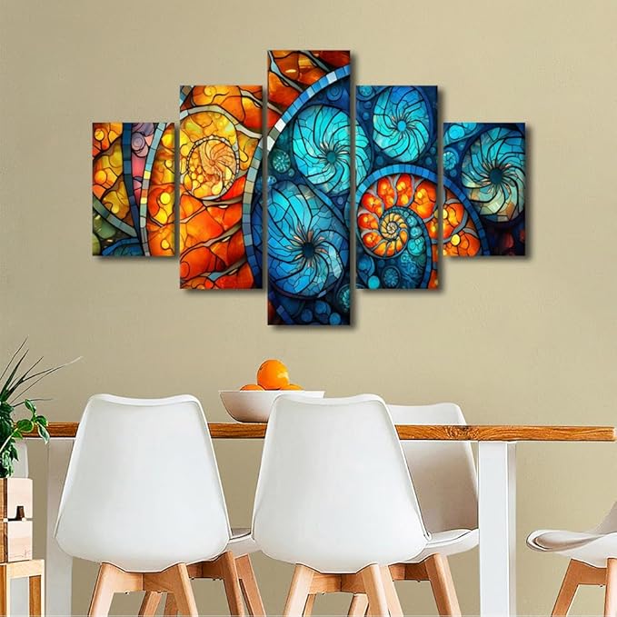 Abstract Wall Art Modern Stained Glass Window Pattern Canvas Art 5 Panel Home Wall Decor for Men Lady Living Room Bedroom Office Wall Canvas Art Decor Stretched and Framed Ready to Hang 60x40 in