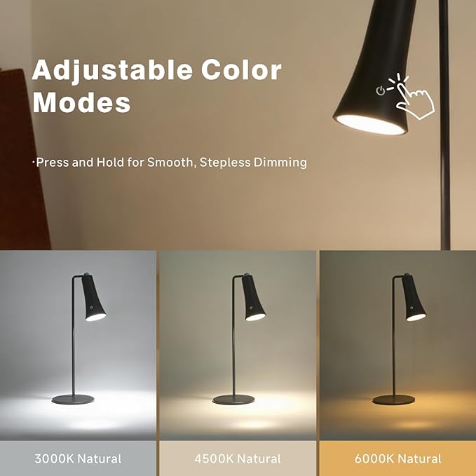 Rechargeable LED Desk Lamp, 4-in-1 Cordless Table Lamp, Magnetic Wall Mount LED Light, with Stepless Brightness, 3 Color Dimmable, 360° Rotation, For Reading, Office, Bedroom,Working, Hallway (Black)
