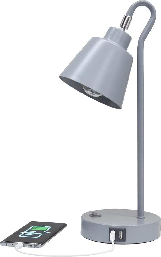 Simple Designs LD1073-GRY 16" Sleek Essentials Metal Looped Desk Task Lamp with Adjustable Shade and Dual USB Ports, for Office, Desk, Nightstand, Gray