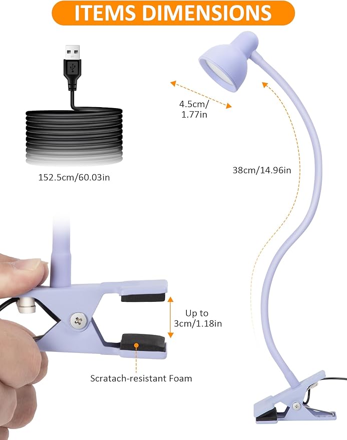 Clip on Lamp USB Reading Light, 3 Color Modes, 10 Brightness Dimmable, Flexible Gooseneck Desk Lamp with Clamp, Eye Care Clip on Light for Bed Headboard Desk Home Dorm