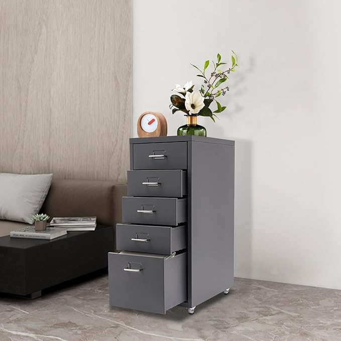 Metal Filing Cabinet with Wheels, 5 Drawers Mobile Storage Cabinet Small Printer Stand Vertical Organizer for Home Office