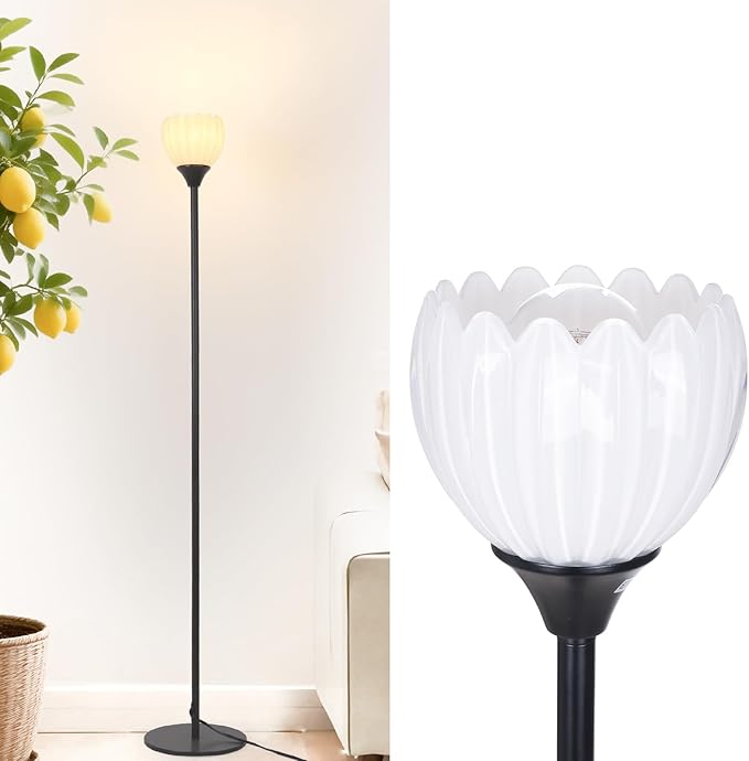 Floor Lamps for Living Room, Bedroom, Black Standing Lamp with 12W Bulb, Vintage Floor Lamp for Reading, Nursery, Corner (White Tulip)
