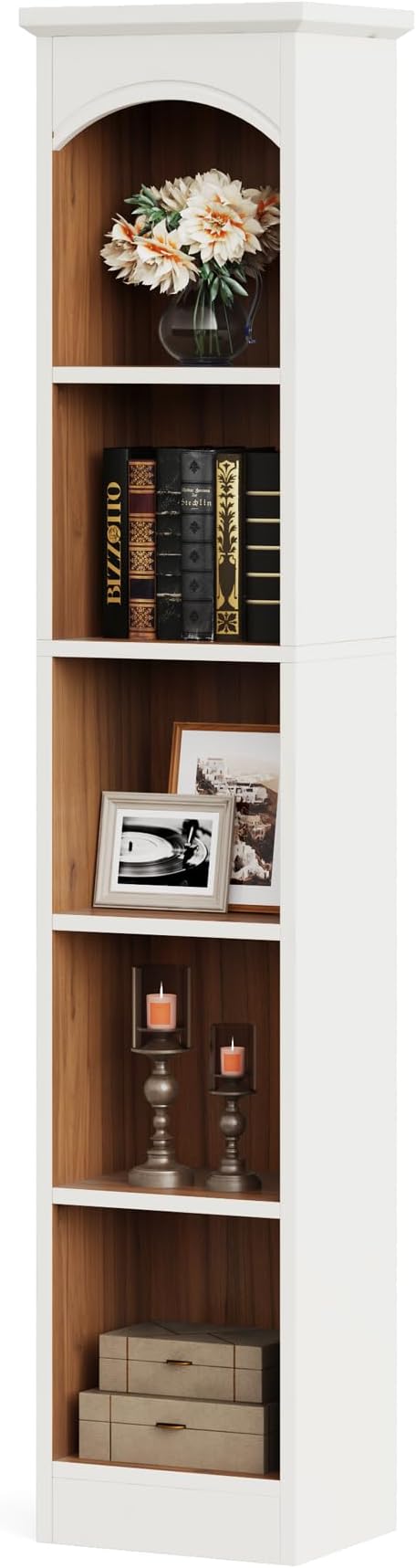 Tribesigns 70.9-Inch Tall Narrow Bookcase Set of 2, 5-Tier Cube Bookshelf with Storage, Modern Slim Corner Display Shelves for Home Office, Living Room, White & Oak
