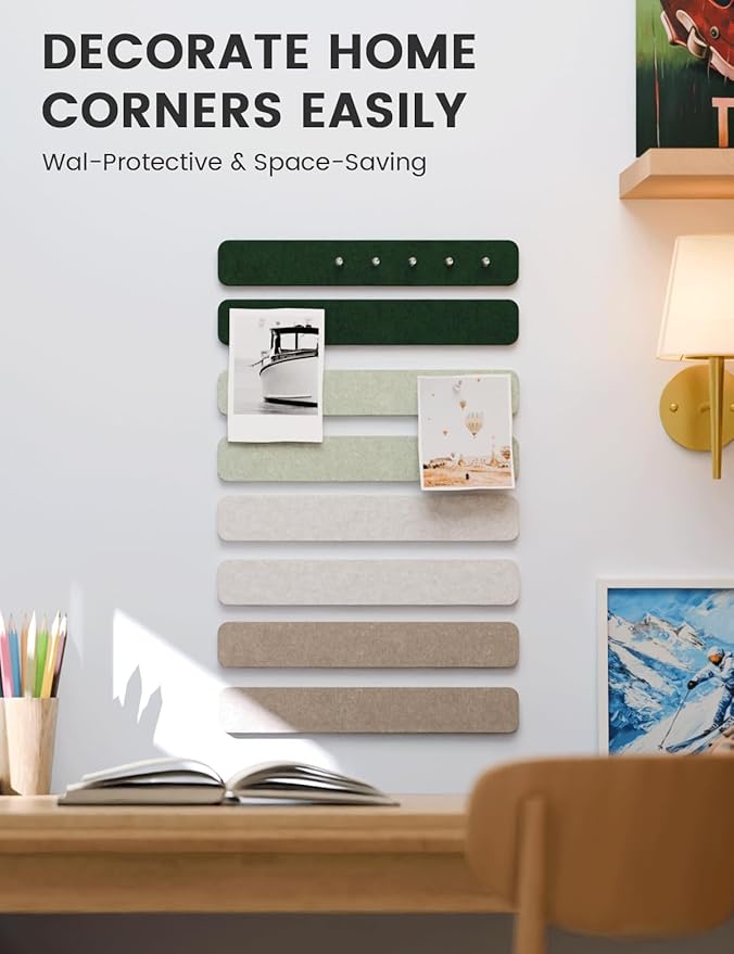 Cork Board Alternative Felt Strip Board 8-Pack 13"x2", Office Pin Board with 50 Push Pins, Adhesive Install for Bedroom Door & Home Office(Nordic Moss)