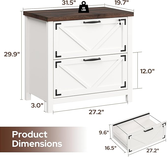 2 Drawer File Cabinet with Lock, Wood Filing Cabinets for Home Office, Office Storage Cabinet for Hanging Files Letter/Legal/F4/A4 Size, White