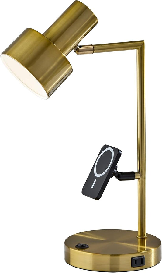 Adesso Supercharger Lamp with USB-A, USB-C, AC Outlet & Wireless Charging Pad – Antique Brass Desk Lamp with Adjustable Shade and Power Station Base for Home, Office, or Dorm