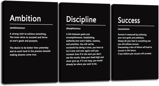 3 Pieces Office Decor Canvas Wall Art Inspirational Ambition Discipline Noun Picture Painting Motivational Positive Quotes Success Poster Modern Home Decor Bedroom Framed Ready to Hang[48" W X 24" H]
