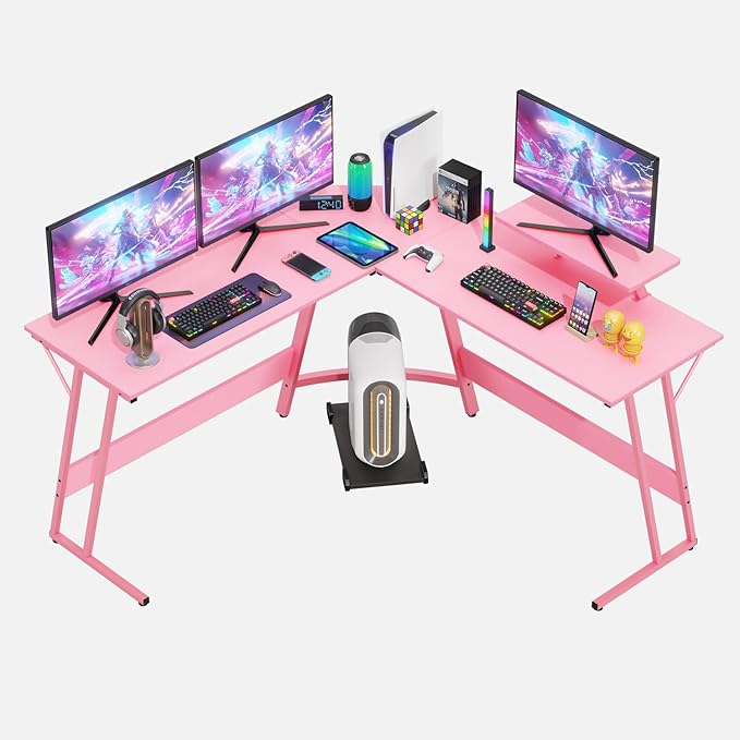 PayLessHere L Shaped Gaming Desk Corner Desk Computer Desk with Large Desktop Studying and Working and Gaming for Home and Work Place,Pink