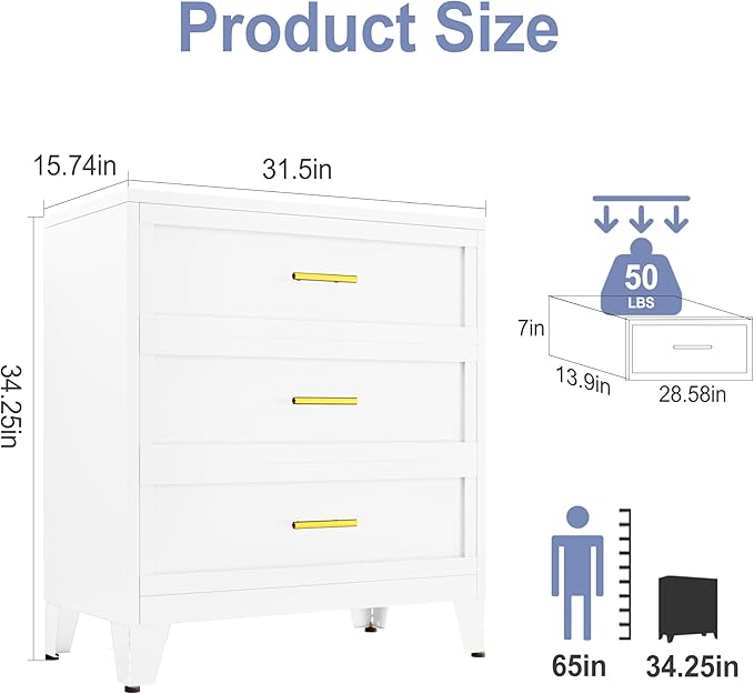 3 Drawers Dresser for Bedroom, Metal Closet Drawer Dresser Chest Organizer, Drawer Cabinet for Home Office Collection and Storage Small Size Files (White)