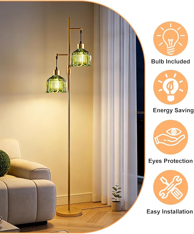 Lightdot 2- Light Gold Flower Floor Lamp, 65IN Green Glass Floor Lamps with 3000K Warm White Bulbs, Modern Standing Tall Lamp for Living Room Bedroom Home Office Corner Sofa Beside