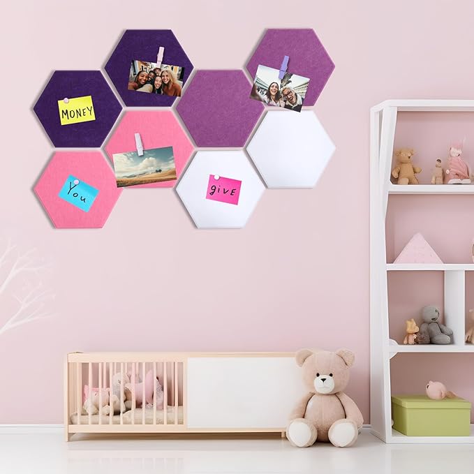 8 Pcs 12" Large Hexagon Felt Cork Bulletin Board Tiles Self Adhesive DIY Pin Board with 50 Push Pins and 10 Colored Clips, Wall Decor for Office Home Kitchen Photos Memos(Pink)