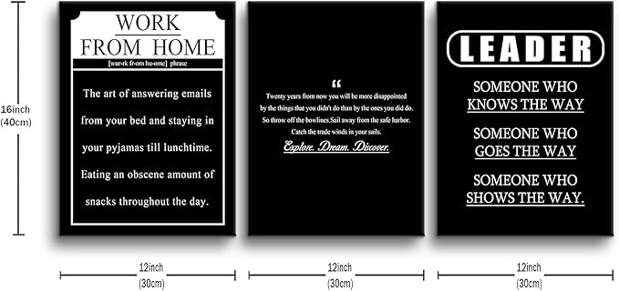 3 Pieces Inspirational Canvas Wall Art Motivational Quotes Explore Dream Discover Work from Home Leader Posters Print Artwork for Office Bedroom Bathroom Wall Picture Ready to Hang [36''W X 16''H]
