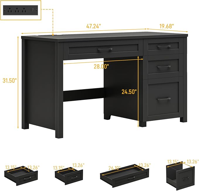 Vabches Farmhouse 47" Executive Desk, Computer Desk with File Drawer and Charging Station, Workstation for Home Office, Study,(Pure Black