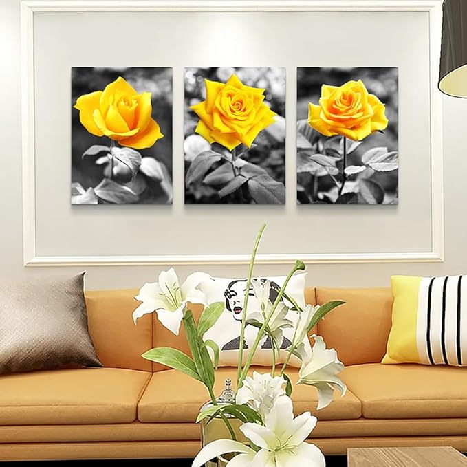 Lapremoly Black And White Wall Paintings Canvas Wall Art For Bedroom Wall Decor For Kitchen Living Room Office Decorations Yellow Rose Flowers Pictures Modern Room Home Walls Artwork Decor 3 Piece