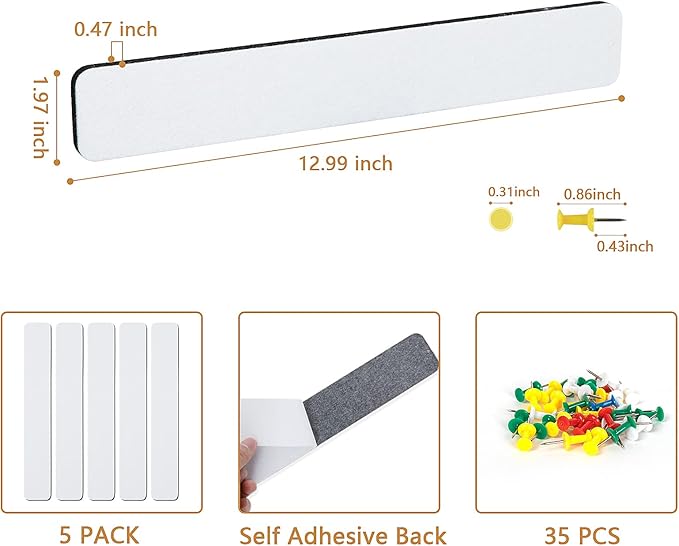 5 Pack Felt Pin Board Bar Strips Bulletin Board for Bedrooms Offices Home Wall Decoration, Notice Board Self Adhesive Cork Board with 35 Push Pins for Paste Notes, Photos, Schedules (White)