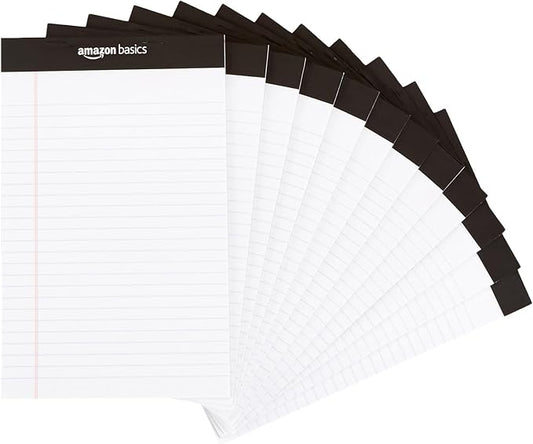 Amazon Basics Narrow Ruled Lined Writing Note Pads for Notes, Office Supplies, 5" x 8", White, 12-Pack of 50 Pages, Perforated