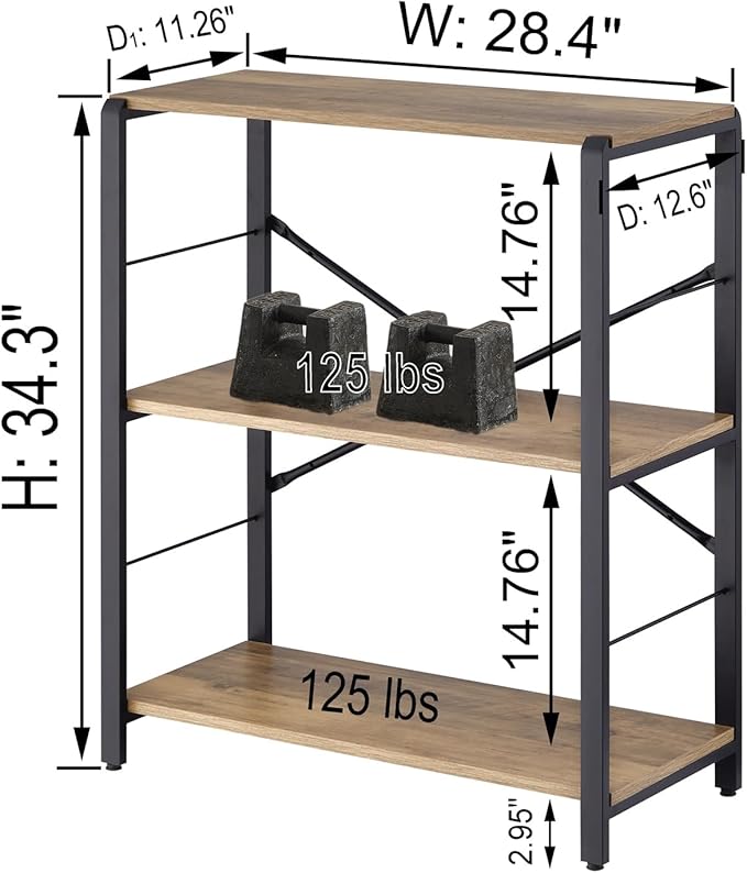 FOLUBAN Small Bookshelf, 3 Tier Open Book Shelf, Rustic Wood and Metal Shelving Unit for Small Space, Oak