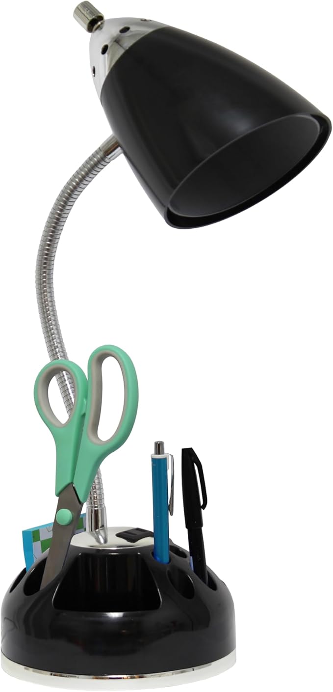 Simple Designs LD1015-BLK-LB 19.5" Flossy Organizer Desk Lamp with Charging Outlet Lazy Susan Base and LEB Bulb, Black