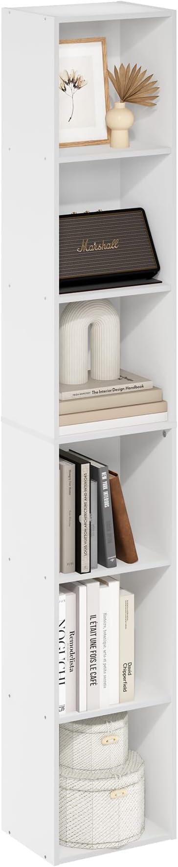 Furinno PASIR Book Shelf, 6-Tier Bookcase, Tall Standing Bookshelf, Open Storage Shelf, 9.4 x 12 x 71 Inches, for Home Office, Living Room, Plain White