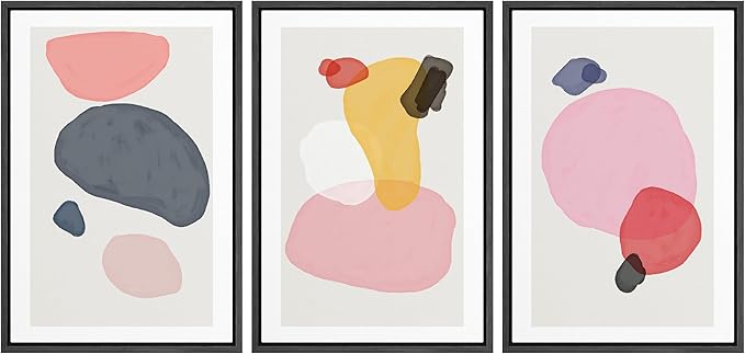 SIGNFORD Framed Wall Art Print Set Pink, Gray, Red & Yellow Transparent Blots Abstract Shapes Digital Art Modern Art Contemporary Colorful for Living Room, Bedroom, Office - 24"x36"x3 Black
