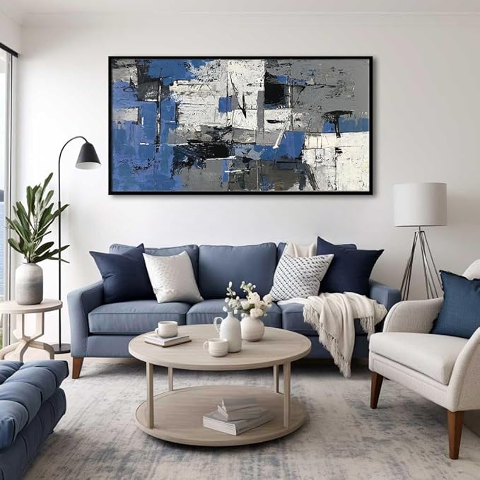 Blue Abstract Canvas Wall Art for Living Room, Modern Bedroom & Gray Decor for Work Blue & Black Textured Paintings Pictures Wall Decor 20" x 40"(Framed)