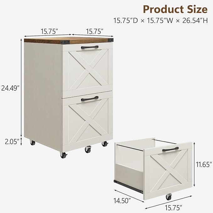 Vabches Farmhouse File Cabinet with 2 Drawers, Vertical Filing Cabinet on Wheels for Letter/A4 Size Hanging Files, Mobile File Cabinets Printer Stand for Home Office, Rustic White