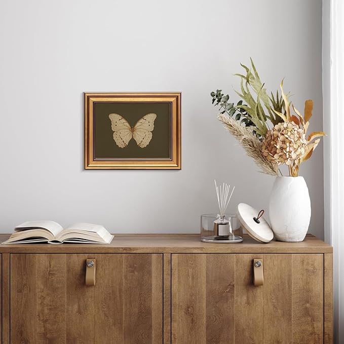 Gold Framed Wall Art Vintage Butterfly Canvas Wall Art White Butterfly Moody Insect Artwork Prints Picture for Living Room Bedroom Farmhouse Bathroom Office Decor, 8x10