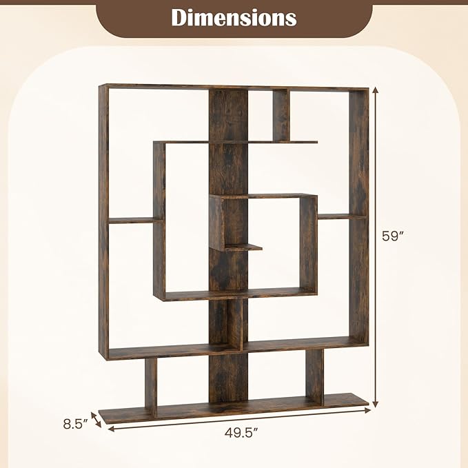 Giantex 7-Tier Geometric Bookshelf, Modern Bookcase with Open Shelves, Freestanding Display Shelf with Anti-Tip Kit, Storage Rack for Living Room Bedroom Study, 49.5''L x 8.5''W x 59''H (Rustic Brown)