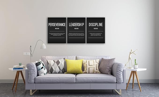 Inspirational Canvas Wall Art 3 Pieces Motivational Painting Discipline Perseverance Noun Quotes Poster Leadership Noun Pictures Print Office Wall Decor Artwork for Home Gym Framed[60" W X 28" H]