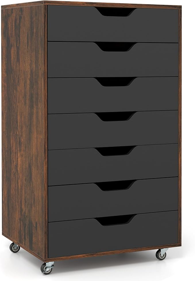 7 Drawer File Cabinet, 34.5" Vertical Storage Drawer Cart, Under Desk Office Organizer, Wooden Printer Stand, Rolling Filing Cabinet for Home Office (Rustic Brown)