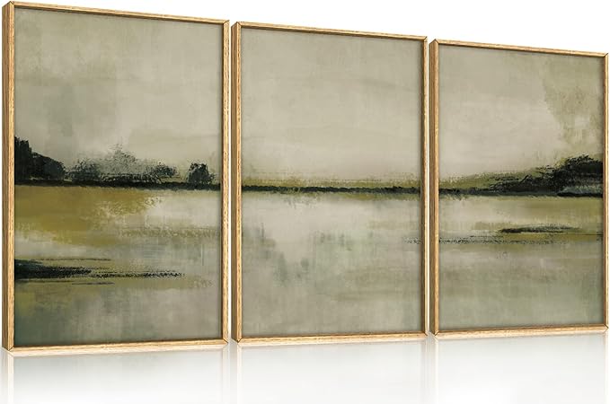 KAIRNE Abstract Mountain Lake Wall Art Set, 3 piece Textured Canvas Wall Decor, Framed Nordic Neutral Tan Painting, Nature Landscape Art Print for Bedroom, Living Room, Office - 24"x36"x3