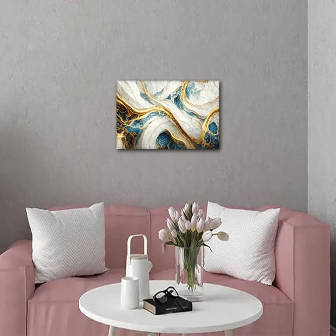 Canvas Wall Art Decor Abstract Artwork Printing 1 Panel Modern Marble Art Poster Blue Gold and White Colors Picture for Home Decor Store Wall Decoration Stretched and Framed Ready to Hang 18x12 in