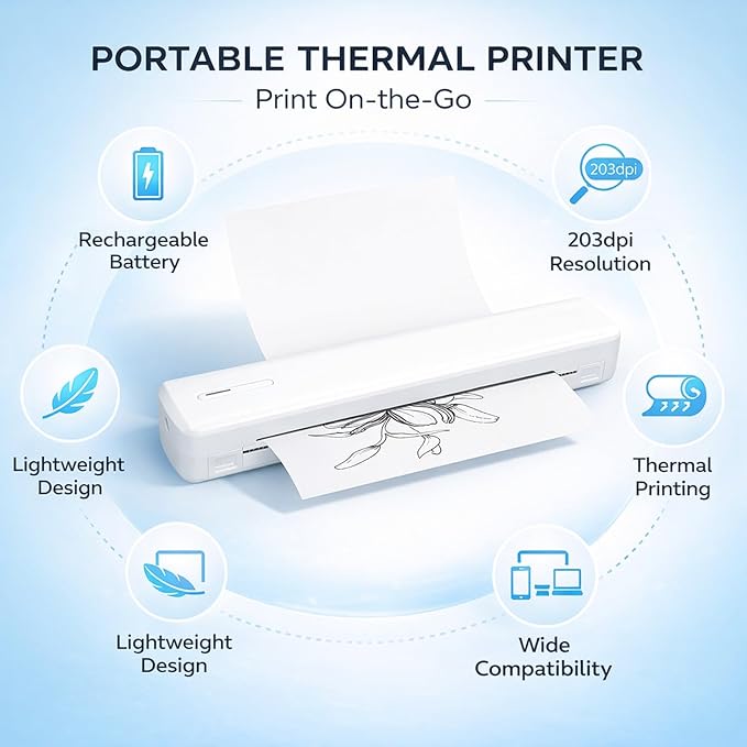 Thermal Printer Portable Inkless, 203dpi Resolution, Supports A4 A5 Paper - Fast Printing, USB C Compatible, Quiet Operation for Home and Office