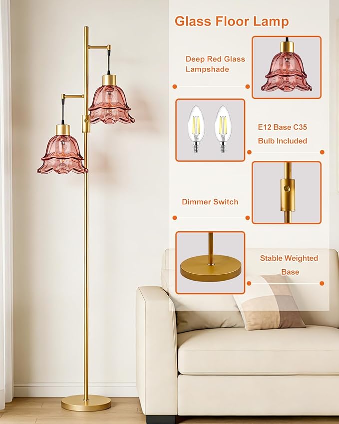 2-Light Gold Dimmable Floor Lamp for Living Room, 65IN Tall Standing Lamps with Deep Red Glass Lampshade, 3000K Warmwhite Mid Century Modern Floor Lamp for Bedroom/Sofa Beside/Corner Decor