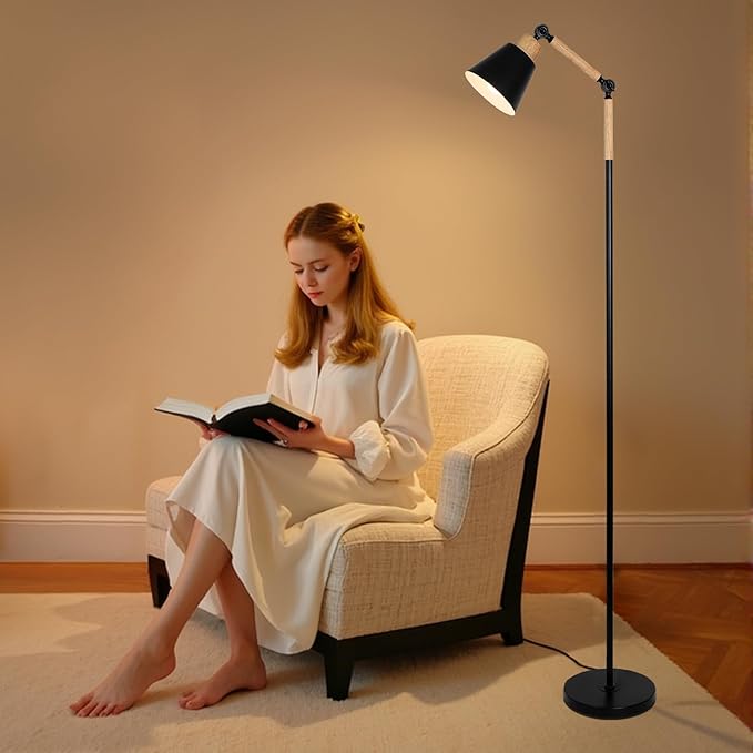 HMVPL Farmhouse Floor Lamp for Living Room, Rustic Standing Lamp with 5W 3000K Bulb, Wood Corner Floor Lamp with Foot Switch, Height Adjustable, Boho Pole Tall Lamp for Bedroom Reading Office Nursery