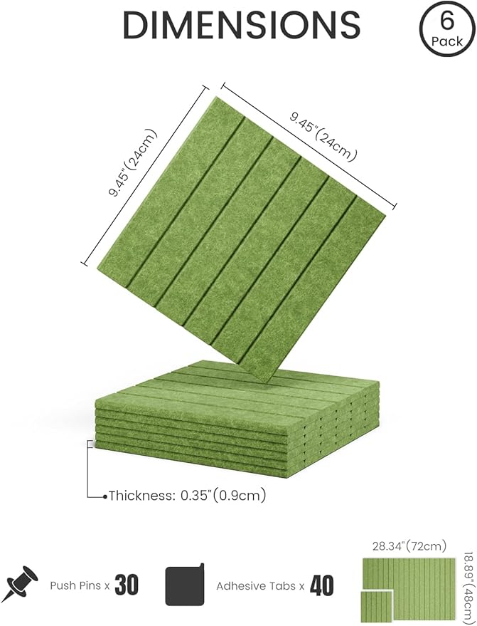 Fluxynara Felt Bulletin Board Tiles -28"x18" with 40 Adhesive Tabs, Cork Board Alternative for Office Decor, Push Pin Board Wall Organizer 6-Pack(Grass Green)