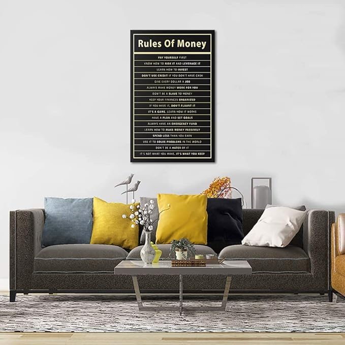 Rules Of Money Motivational Wall Art Canvas Print Office Decor Financial Poster Entrepreneur Millionaire Inspirational Quote Framed Easy to Hang-28 inch x 44 inch
