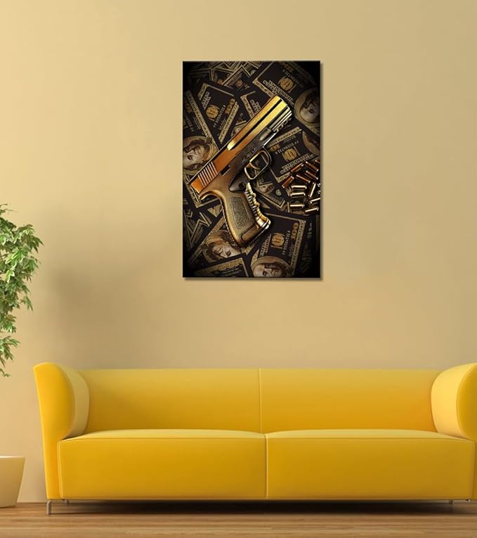100 Bill Dollar Money Canvas Wall Art Inspirational Poster Golden Gun Picture Print Motivational Money Wall Decor for Office Home 28x44in