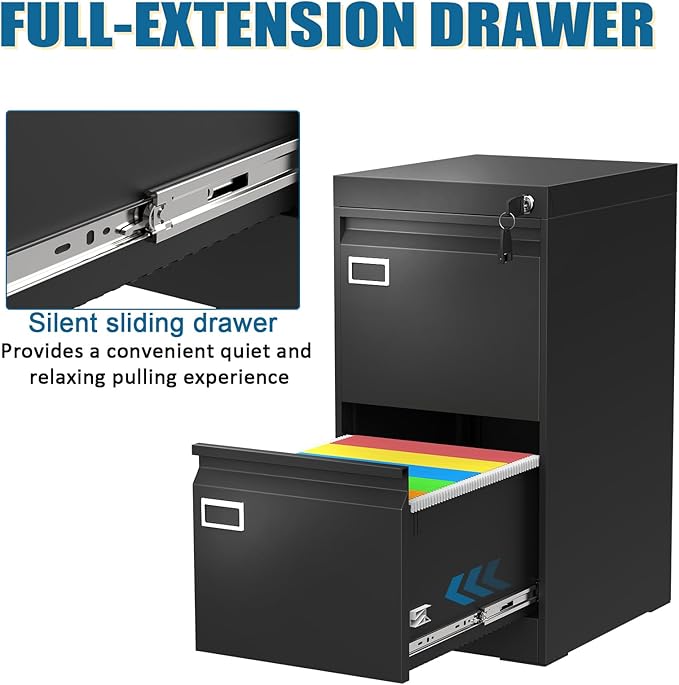 2 Drawer File Cabinet with Lock, Metal Small File Cabinet, Black Filing Cabinets for Home Office, Vertical File Cabinets Locked
