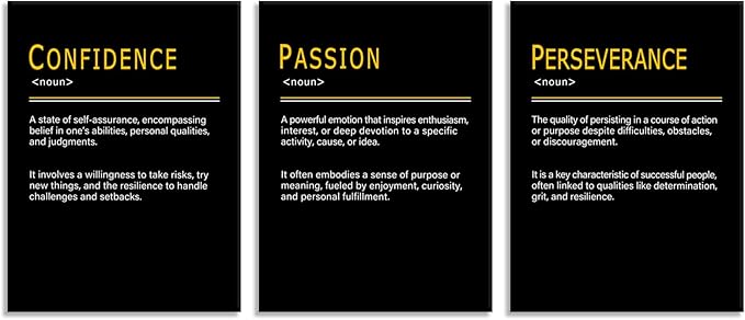 Inspirational Wall Decor PASSION CONFIDENCE PERSEVERANCE Noun Overcome the Challenge Motivational Posters Printed Canvas Poster for Office Home Bedroom Workplace Framed Ready to Hang [36''Wx 16''H]