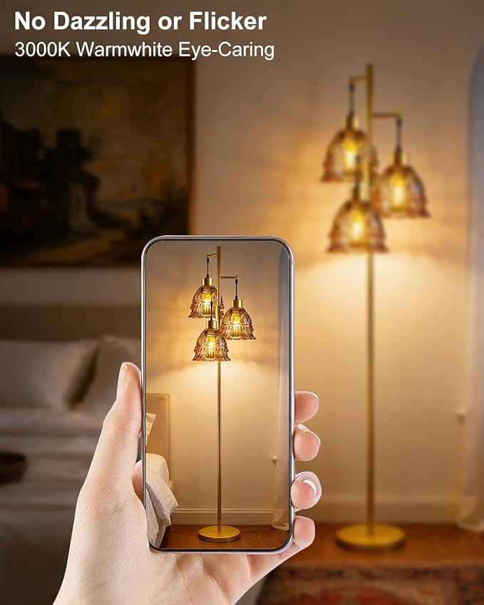 Lightdot 3-Lights Glass Floor Lamp Dimmable Gold Floor Lamps with Brown Glass Shade 3000K Bulbs Included Unique Modern Standing Tall Lamp for Living Room/Bedroom/Sofa Beside/Corner Decor