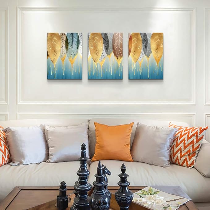 Fashion Wall Art for Living Room Family Wall Decor for Bedroom Modern Wall Decorations for Kitchen Canvas Art Golden Leaves Abstract Paintings Bathroom Hang Pictures Artwork Home Decoration 3 Pieces