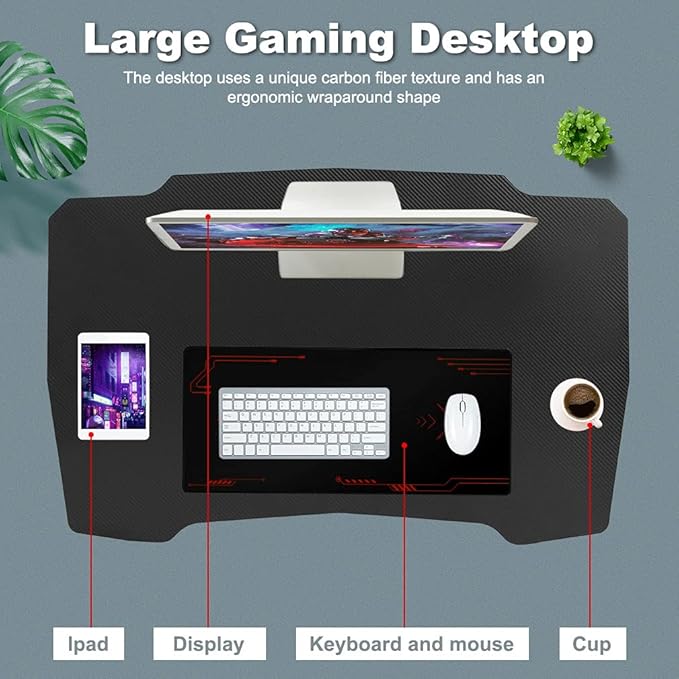 BestOffice Gmaing Desk 35.4in PC Computer Desk Z Shaped Gaming Workstation Ergonomic Gaming Table with Headphone Hook for Home Office, Red