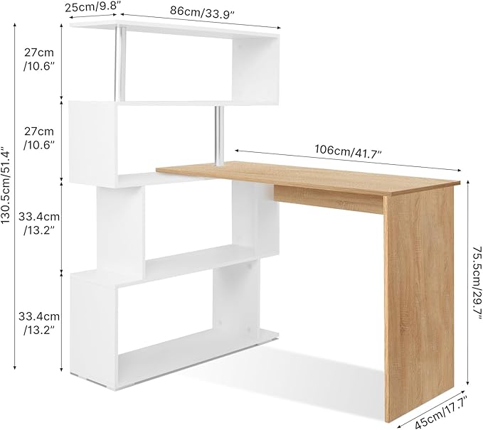 41.7" L Shaped Desk with 4-Tier Storage Shelves, Computer Corner Desk for Study Home Office Living Room (Oak and White)